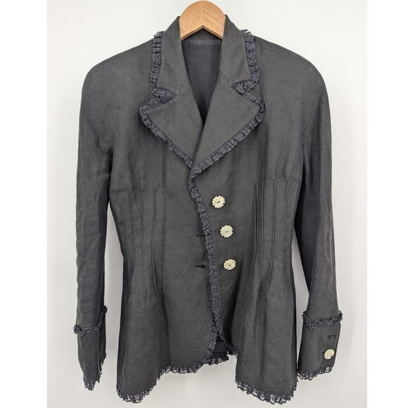 Vintage Black Lace Trim Blazer with Floral Mother-of-Pearl Buttons Size Small - Picture 5 of 11